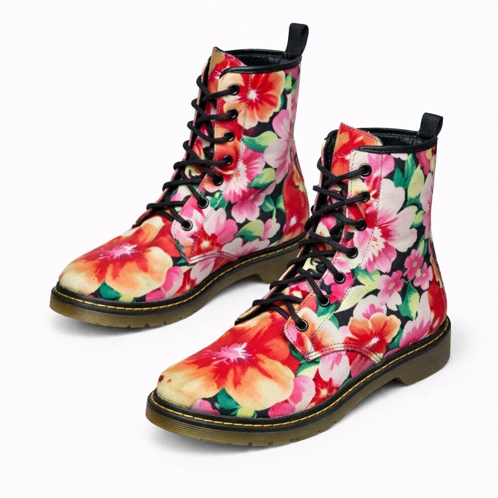YOKI Floral Pink Combat Boots Shoes Size 6.5